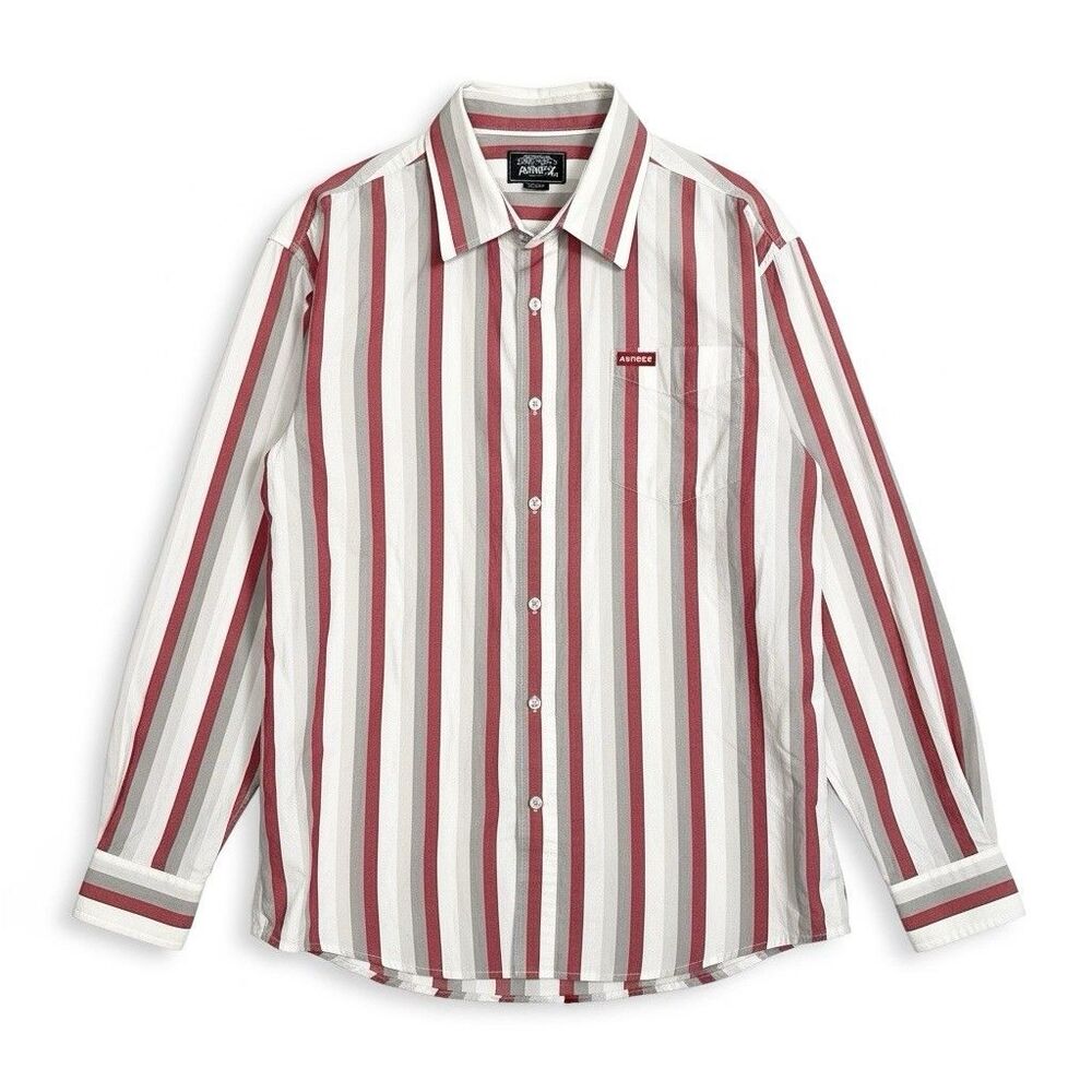 VTG Avirex Shirt Mens XL Red White Gray 100% Cotton Long Sleeve Button Up Stripe